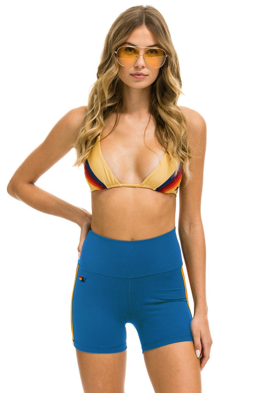 5 STRIPE RAINBOW 4 INCH HI-RISE BIKER SHORT - CARIBBEAN Female Product Image