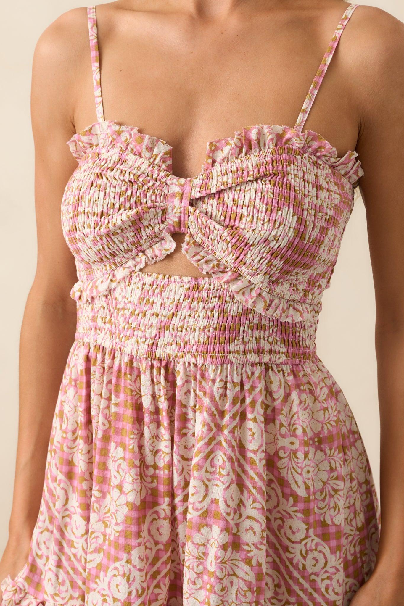 In The Best Way Rose Pink Floral Gingham Smocked Mini Dress Product Image