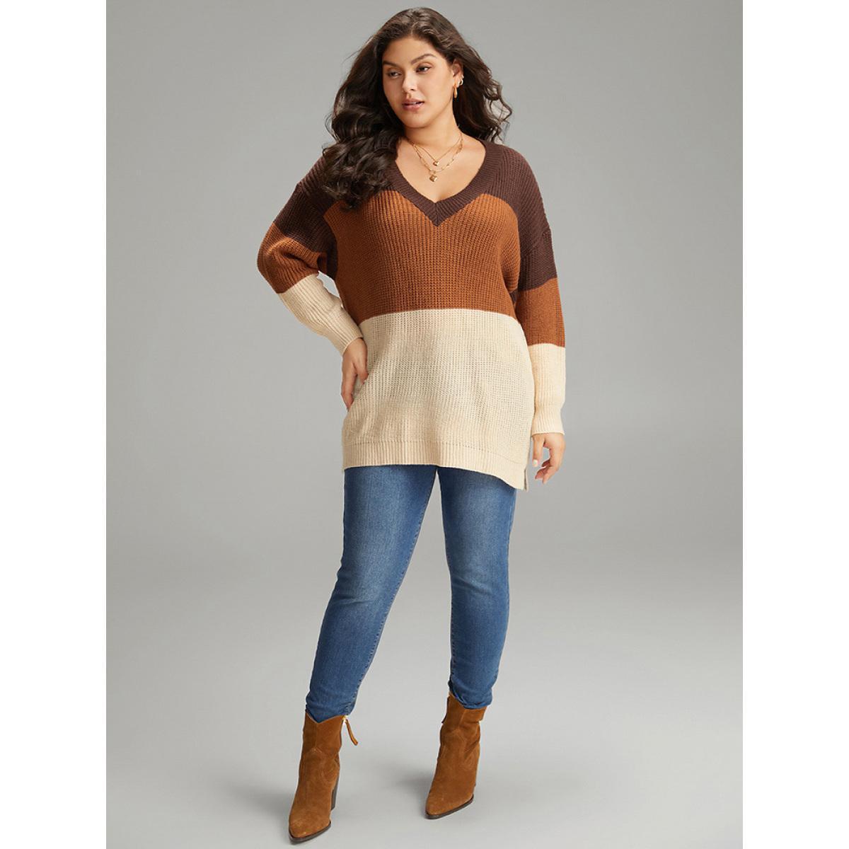 Plus Size Colorblock Patchwork Split Side Drop Shoulder Pullover Multicolor Women Casual Loose Long Sleeve V-neck Dailywear Pullovers BloomChic 18-20/2X Product Image