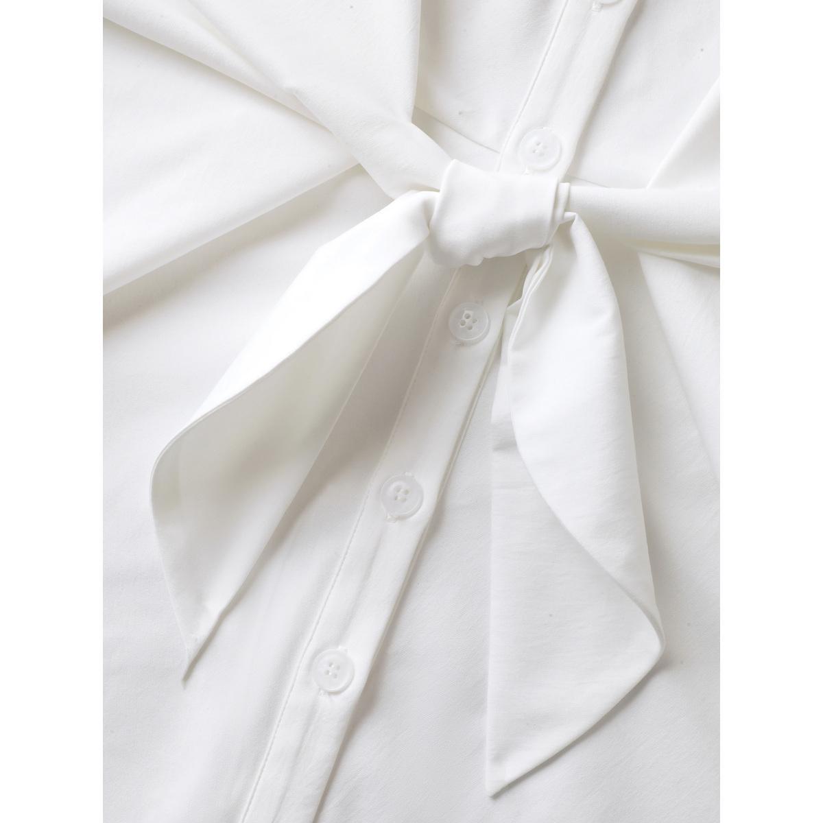 Plus Size Originalwhite Knotted Front Asymmetrical Hem Blouse Women Short sleeve Shirt collar Work Blouses BloomChic 10/M Product Image