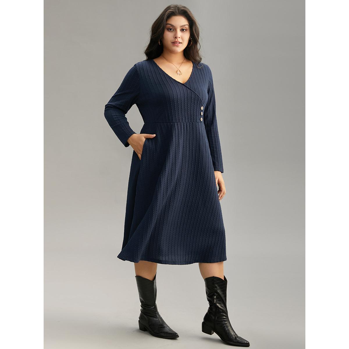 Plus Size Solid Appliques Button Detail Elastic Waist Dress Midnight Women Casual Texture Deep V-neck Long Sleeve Curvy Midi Dress BloomChic 22-24/3X Product Image