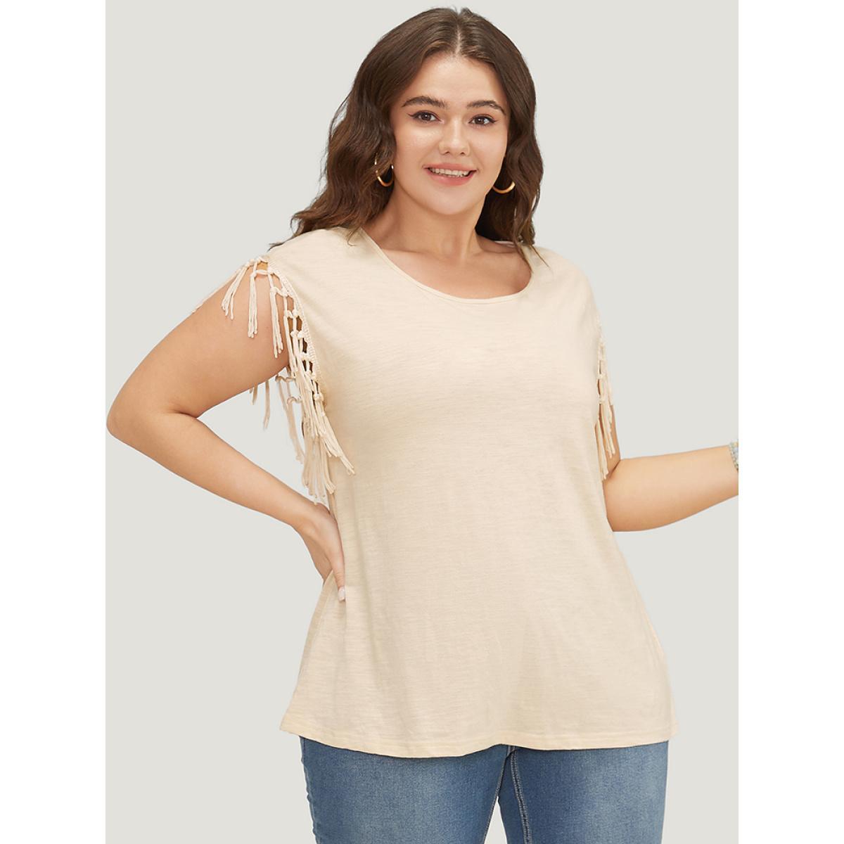 Plus Size Solid Fringe Trim Batwing Sleeve T-shirt Beige Women Elegant Tassels Plain Round Neck Dailywear T-shirts BloomChic 12/L Product Image