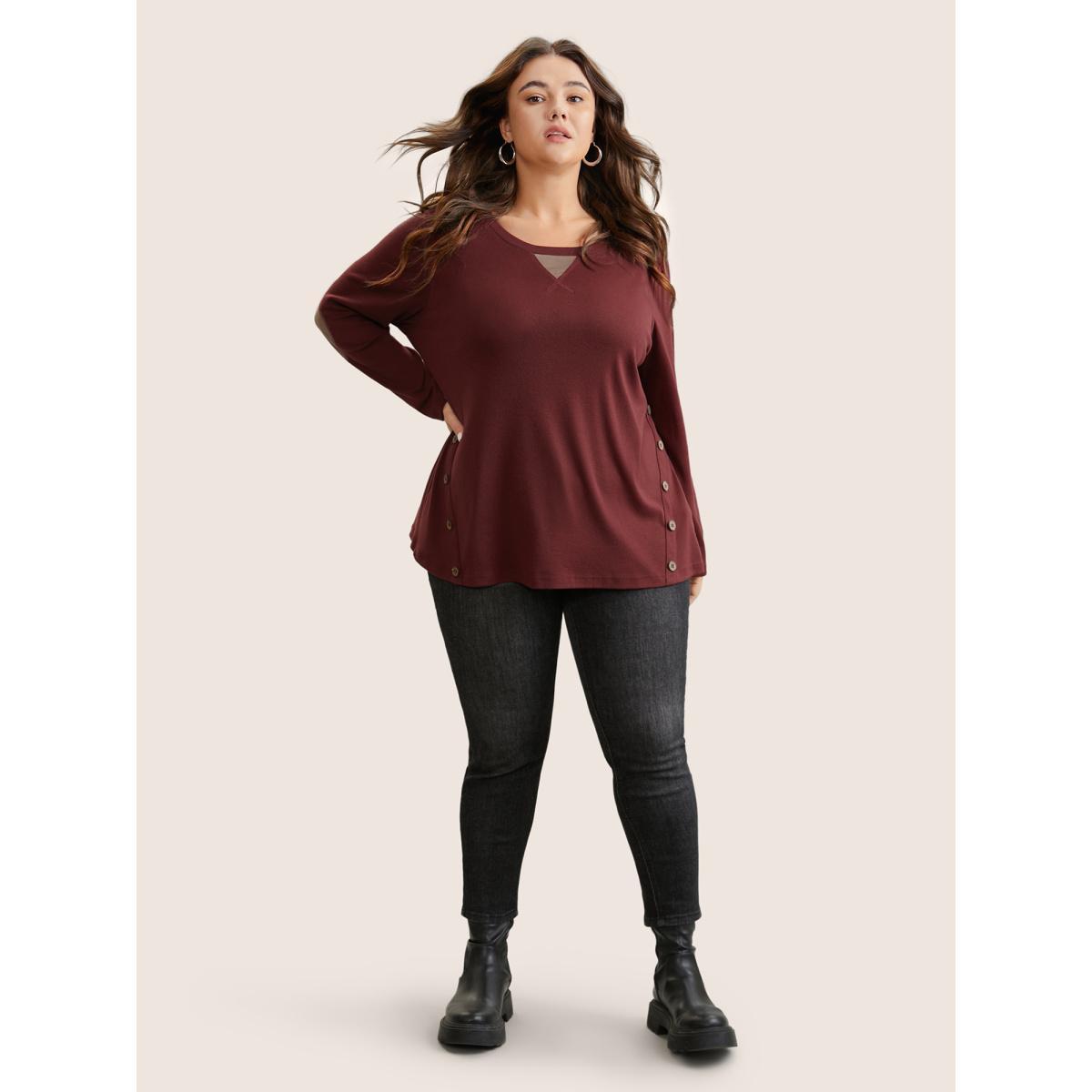 Plus Size Two Tone Patchwork Button Front T-shirt Burgundy Women Casual Contrast Plain Round Neck Dailywear T-shirts BloomChic 26/4X Product Image