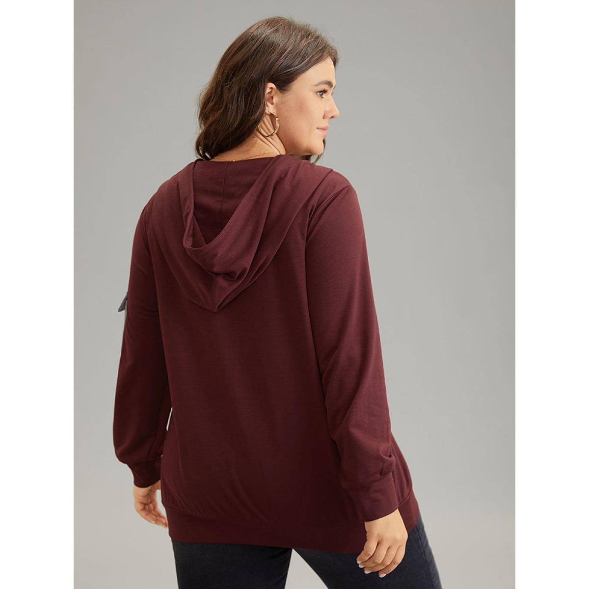 Plus Size Contrast Half Zip Patched Pocket Hooded Sweatshirt Women Burgundy Casual Contrast Hooded Dailywear Sweatshirts BloomChic 22-24/3X Product Image