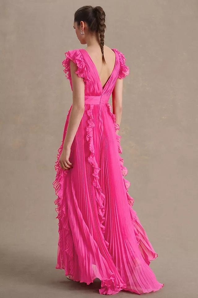 Mac Duggal Pleated Flutter-Sleeve Deep-V Empire-Waist Gown Product Image