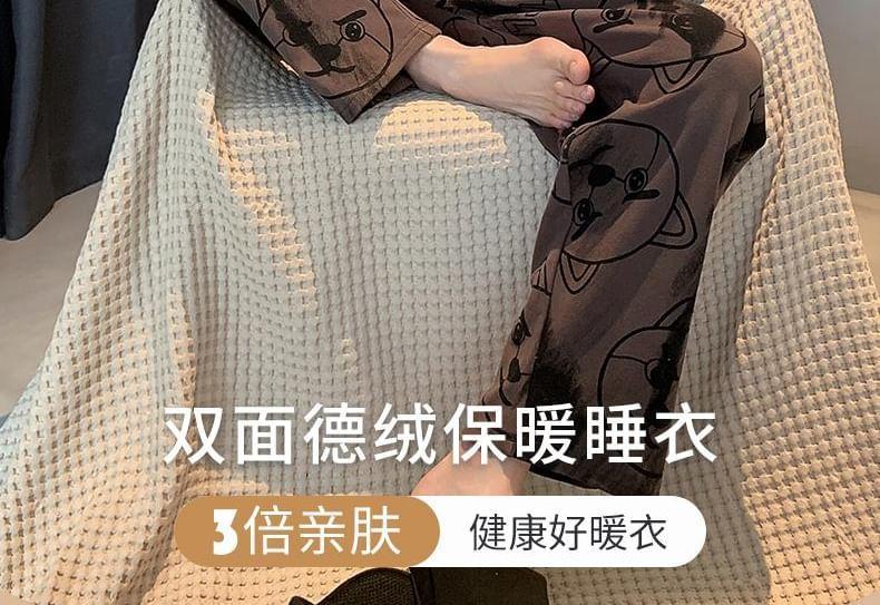Pajama Set: Long-Sleeve Round Neck Dog Applique Fleece-Lined T-Shirt + Pants Product Image