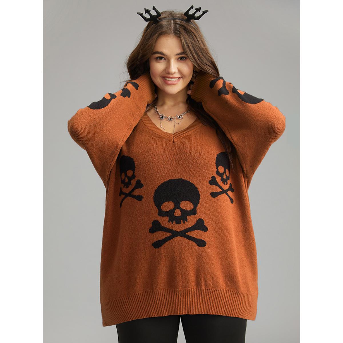 Plus Size Supersoft Essentials Halloween Skull Print V Neck Pullover Rust Women Casual Long Sleeve V-neck Festival-Halloween Pullovers BloomChic 22-24/3X Product Image
