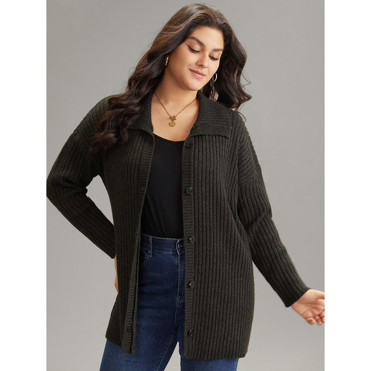 Plus Size Anti-Pilling Textured Button Up Lapel Collar Cardigan Black Women Casual Loose Long Sleeve Everyday Cardigans BloomChic 22-24/3X Product Image