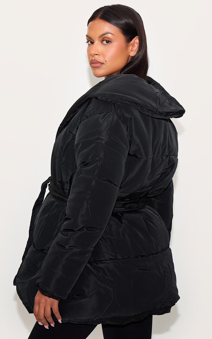 Maternity Black Oversized Collar Belt Puffer Coat Product Image