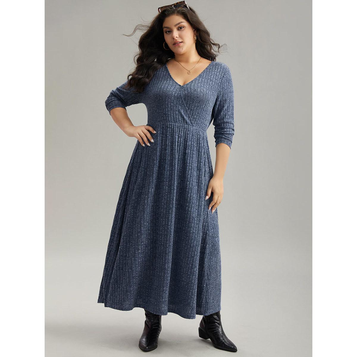 Plus Size Solid Rib Knit Overlap Collar Pocket Dress Indigo Women Casual Texture Overlap Collar Long Sleeve Curvy Midi Dress BloomChic 10/M Product Image