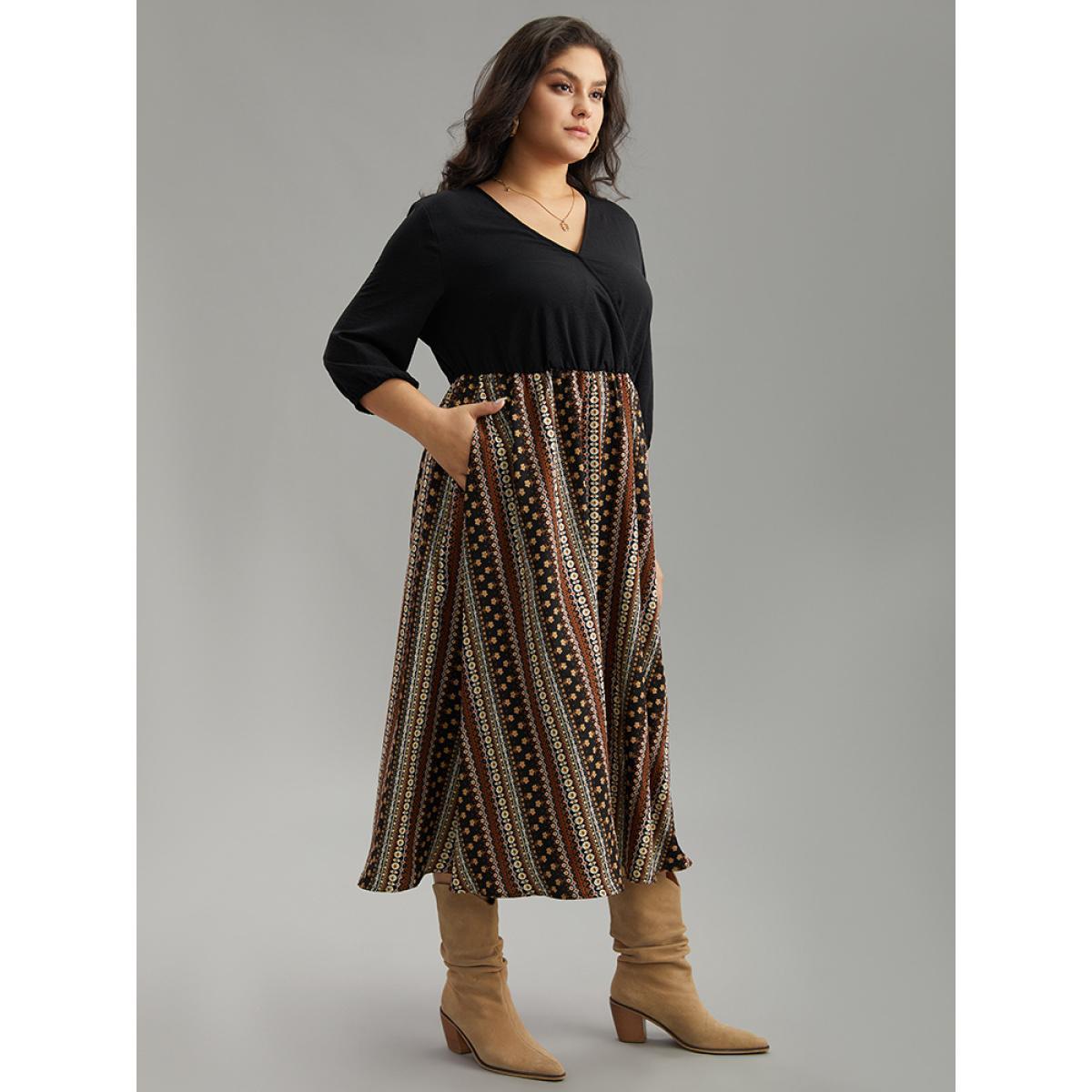 Plus Size Bandana Striped Patchwork Wrap Dress Black Women Vacation Elastic cuffs V-neck Elbow-length sleeve Curvy Midi Dress BloomChic 14-16/1X Product Image
