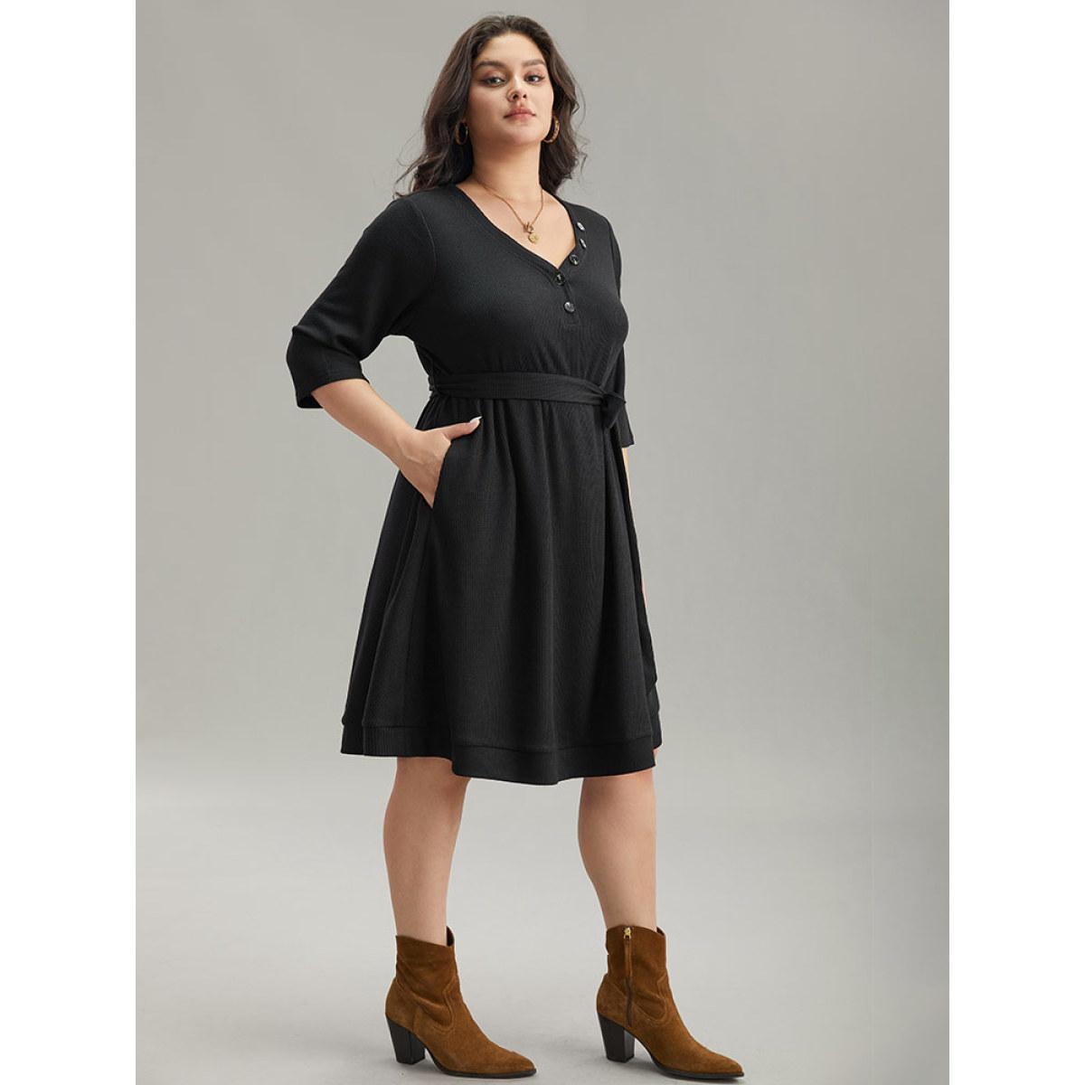Plus Size Waffle Knit Button Detail Belted Dress Black Women Casual Plain V-neck Elbow-length sleeve Curvy Midi Dress BloomChic 22-24/3X Product Image