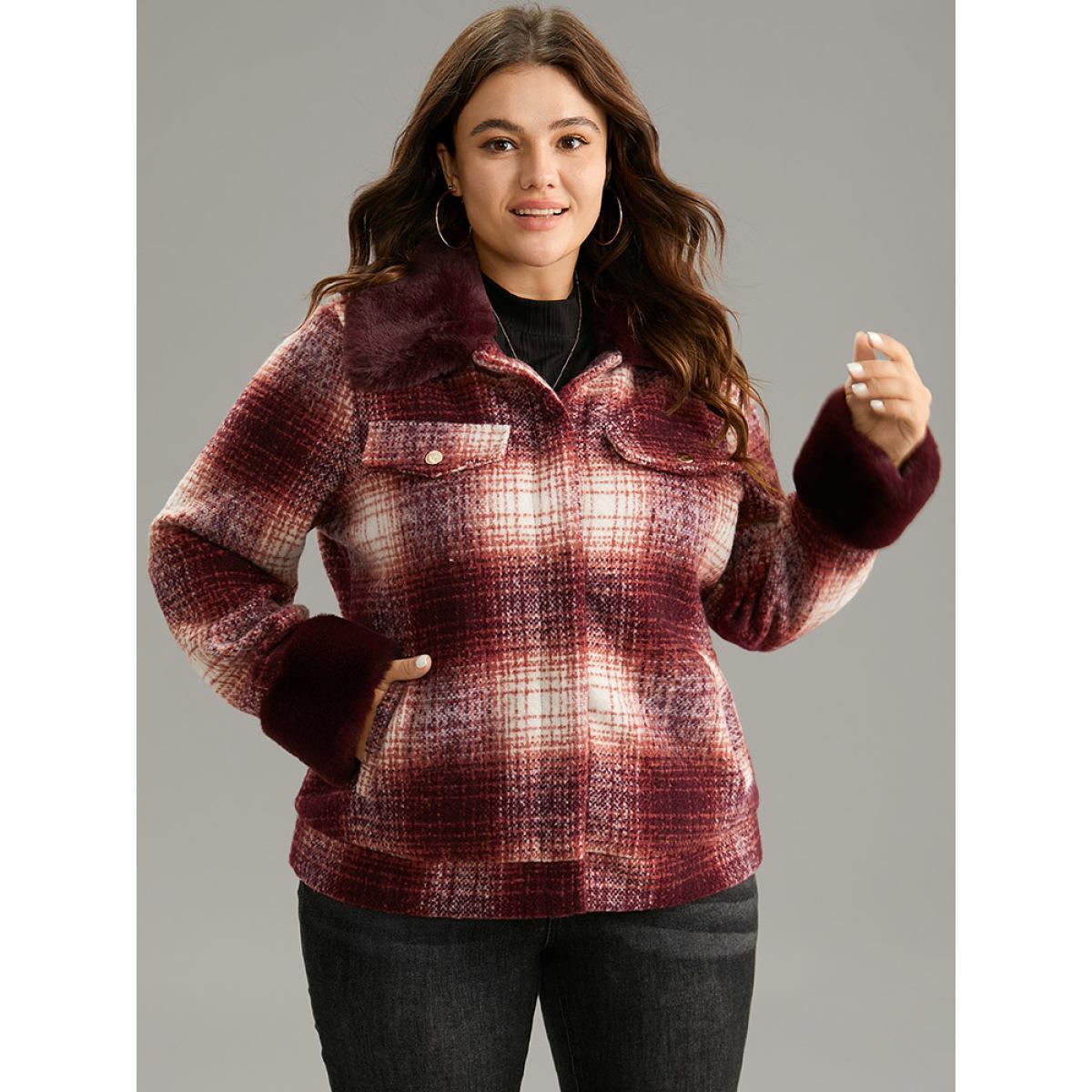 Plus Size Plaid Patchwork Button Through Fuzzy Trim Jacket Women Multicolor Lined Pocket Dailywear Jackets BloomChic 14-16/1X Product Image