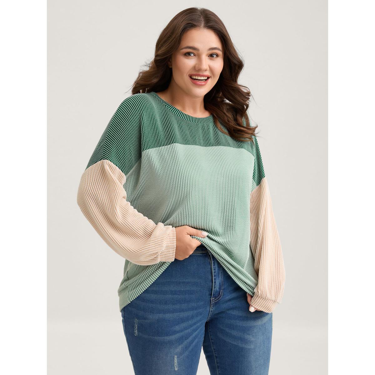 Plus Size Color Block Textured Drop Shoulder Sweatshirt Women Mint Round Neck Everyday-Casual Sweatshirts BloomChic 10/M Product Image