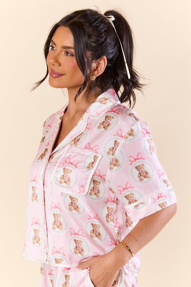 Snuggled Up Teddy Bear Printed Contrast Tie Detail Satin Short Sleeve Pajama Top Product Image