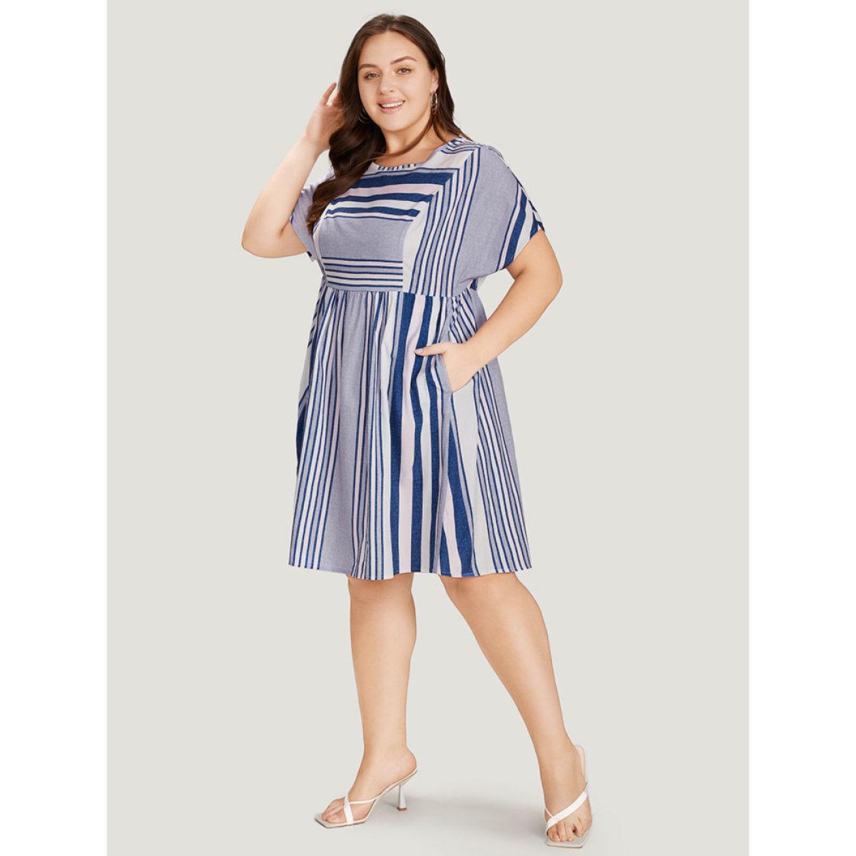 Plus Size Striped Print Patchwork Ruffle Sleeve Ruched Dress DarkBlue Women Vacation Round Neck Short sleeve Curvy Knee Dress BloomChic 26/4X Product Image