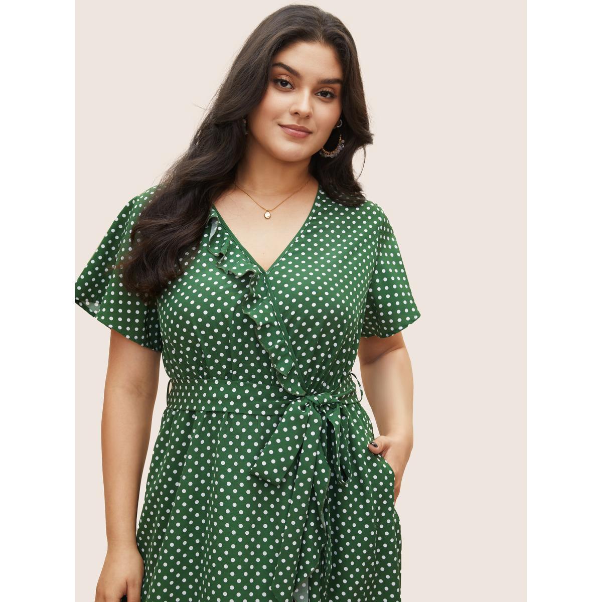 Plus Size Polka Dot Flutter Trim Belted Overlap Collar Dress Green Women Elegant Non Overlap Collar Short sleeve Curvy Midi Dress BloomChic 22-24/3X Product Image