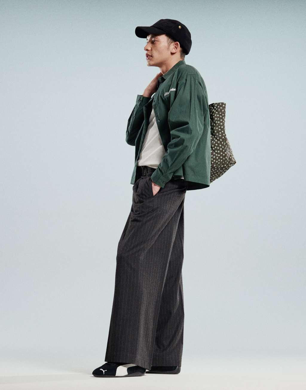 ASOS DESIGN smart loose leg pants in light gray textured pinstripes Product Image