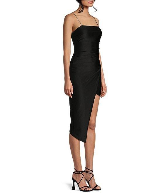 Honey and Rosie Rhinestone Adjustable Spaghetti Strap A-Symmetrical Midi Dress Product Image