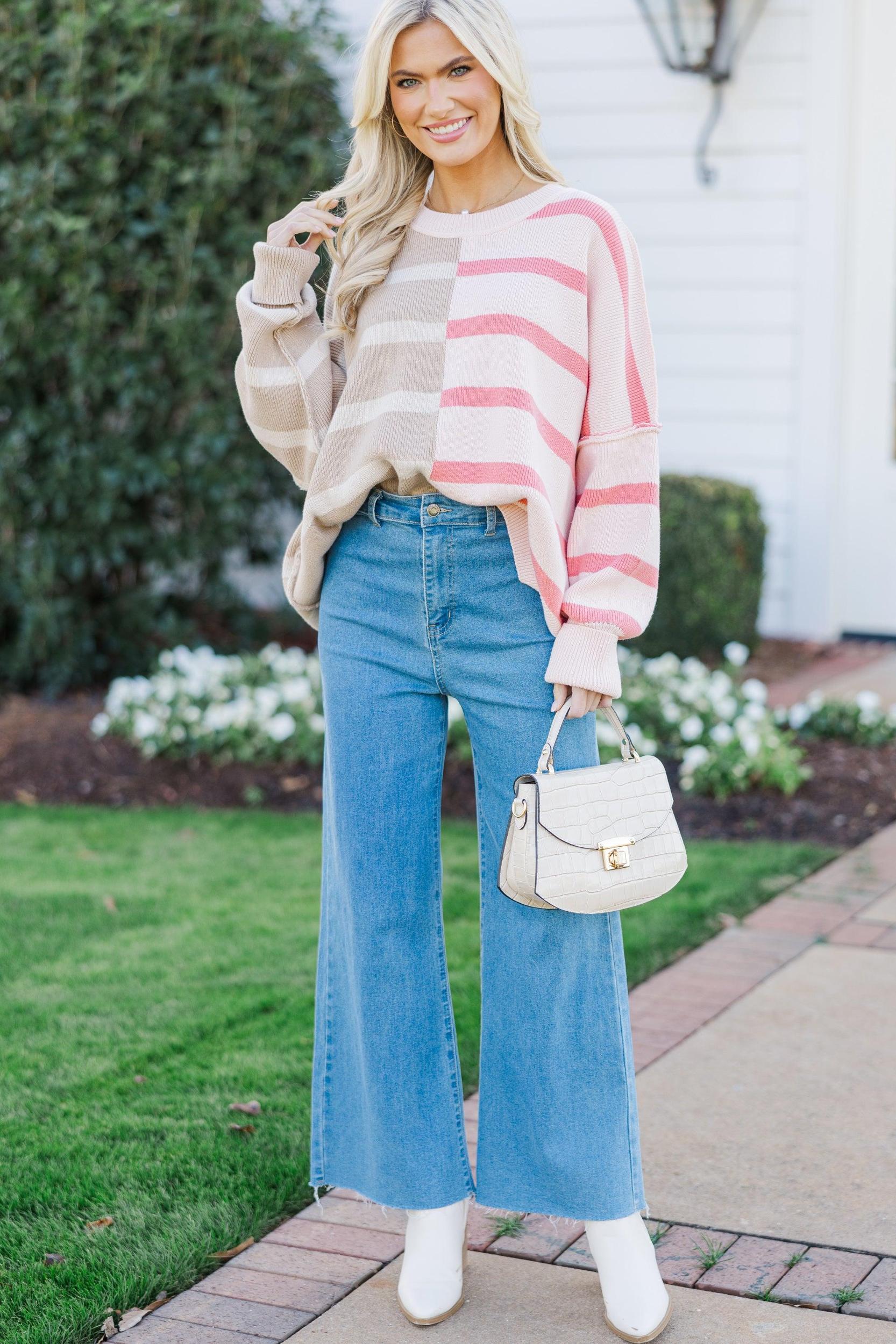 Give You Joy Peach Pink Striped Sweater Female Product Image
