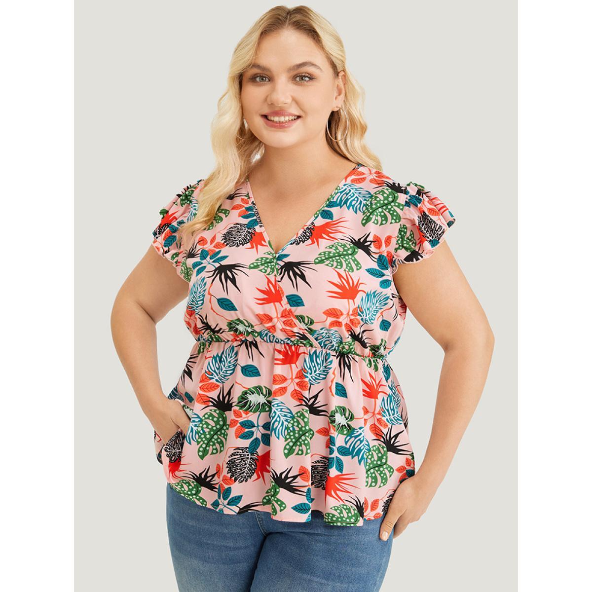 Plus Size Watermelon Plant Print Cap Sleeve Ruffle Wrap Blouse Women Elegant Cap Sleeve V-neck Dailywear Blouses BloomChic 12/L Product Image