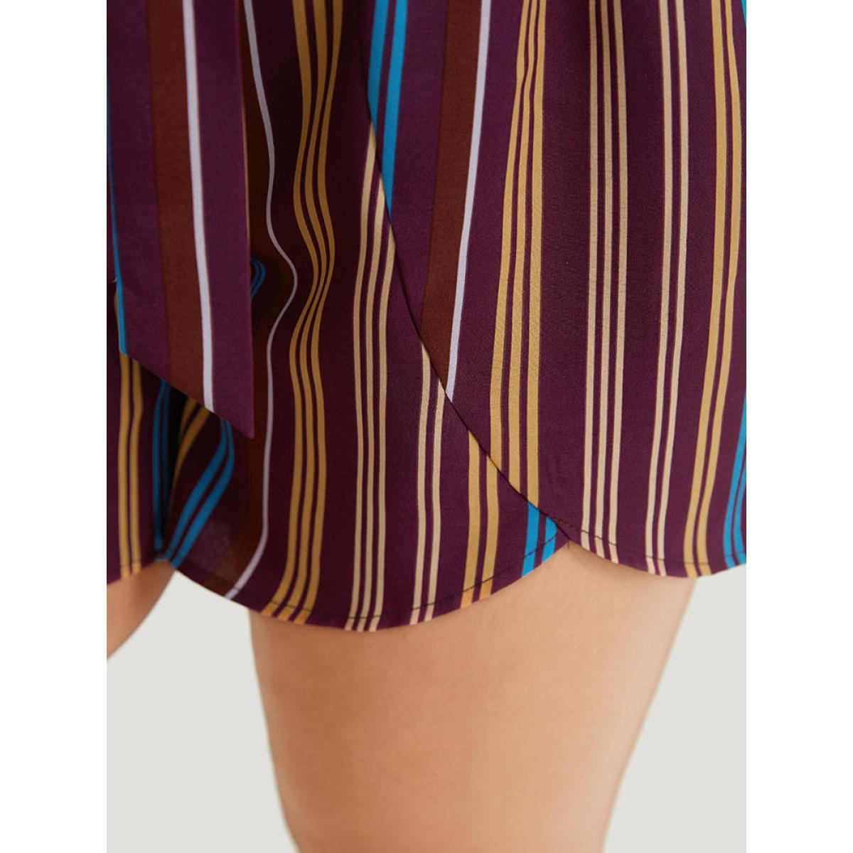 Plus Size Colour Striped Print Belted Wrap Hem Shorts Women Multicolor Vacation Cross straps Dailywear Shorts BloomChic 12/L Product Image