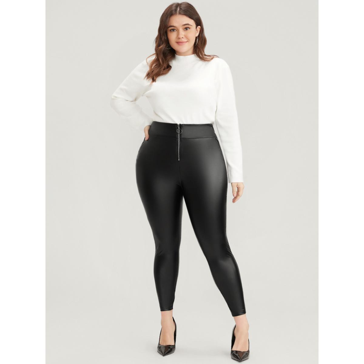 Plus Size PU Leather Wideband Waist Zipper Skinny Leggings Women Black Party Low stretch Skinny Mid Rise Going out Leggings BloomChic 14-16/1X Product Image