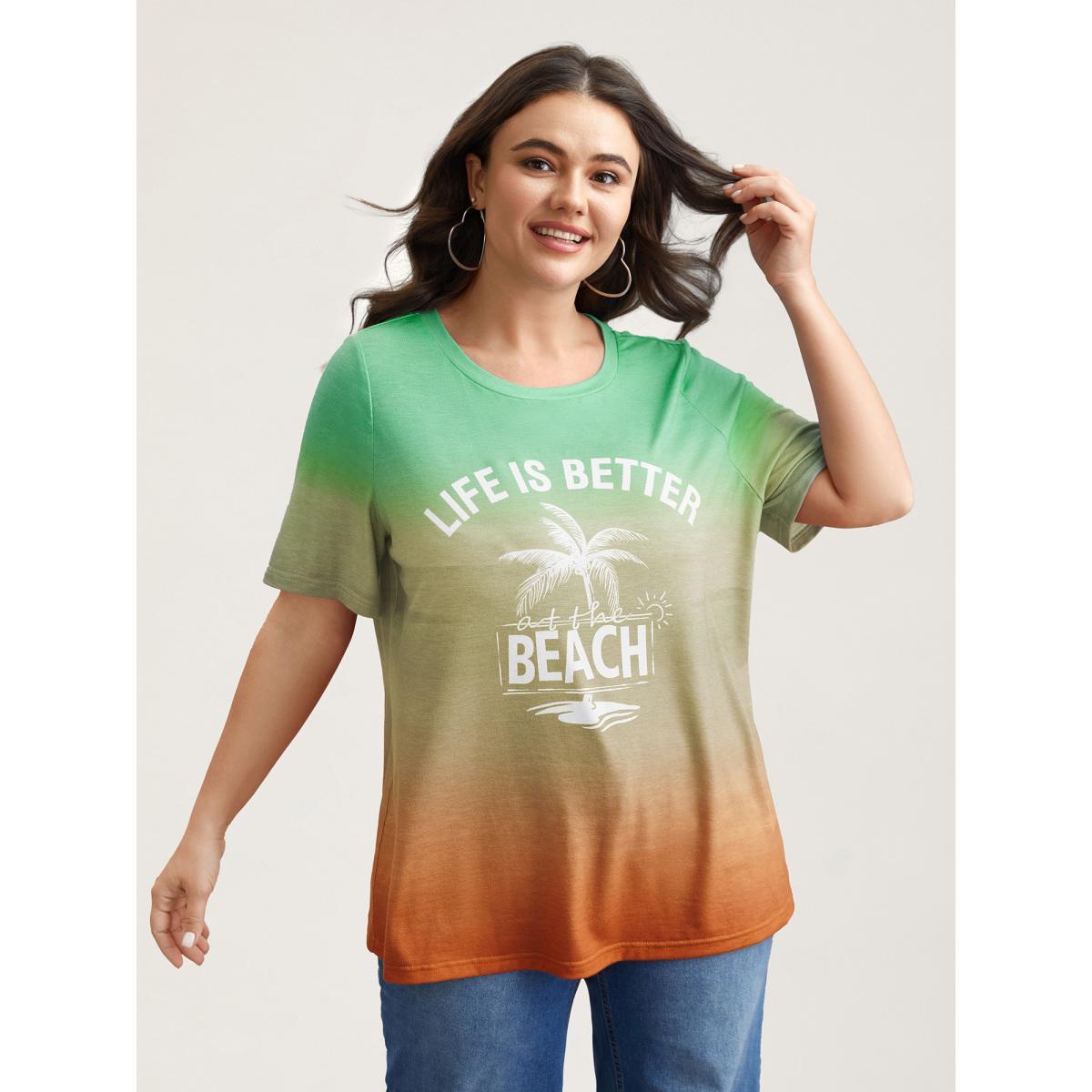 Plus Size Gradient Beach Print Fitted T-Shirt Malachitegreen Women Casual Contrast Tropical Round Neck Everyday T-shirts BloomChic 18-20/2X Product Image