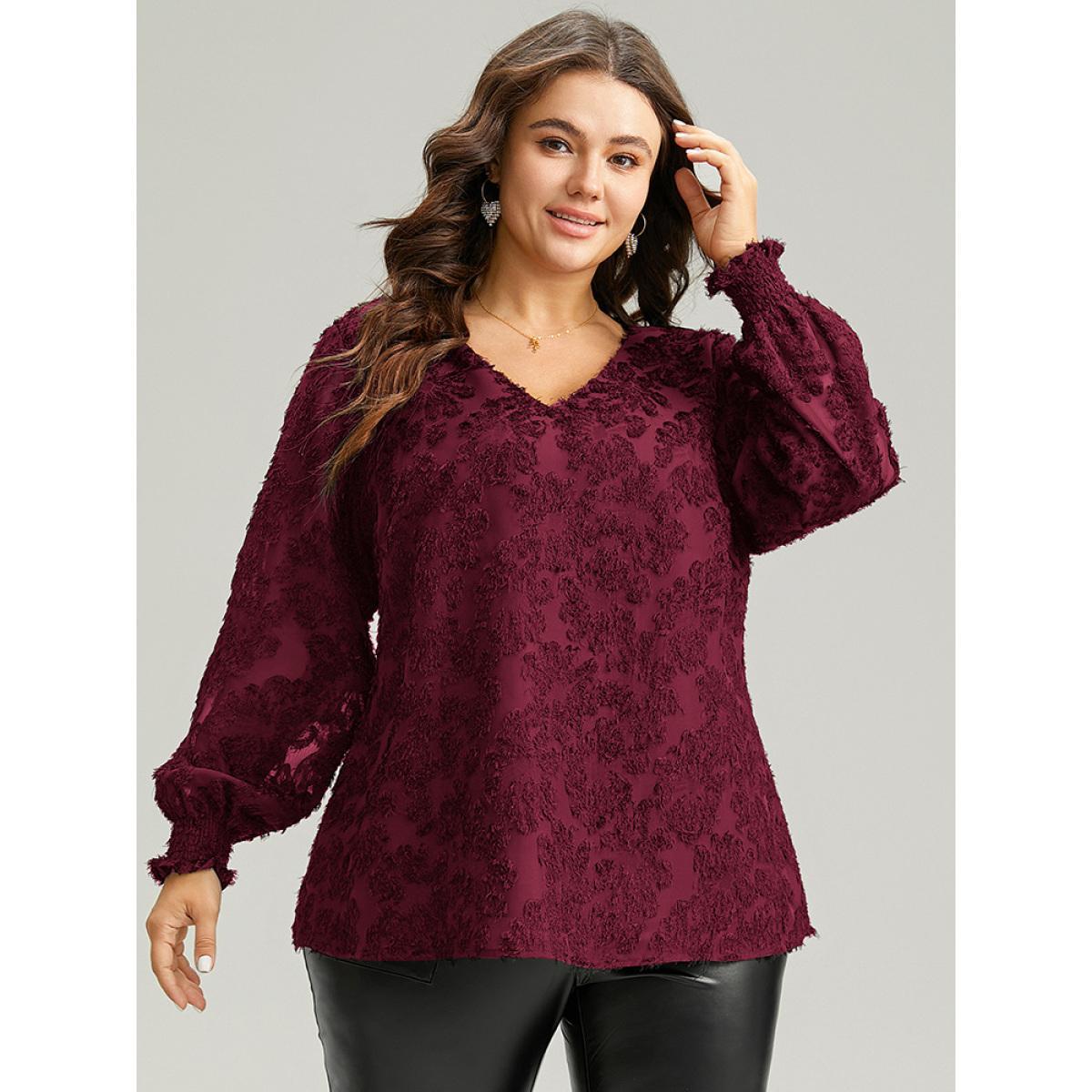 Plus Size Scarlet Plain Appliques Mesh V Neck Shirred Blouse Women Glamour Long Sleeve V-neck Festival-Christmas Blouses BloomChic 28/5X Product Image