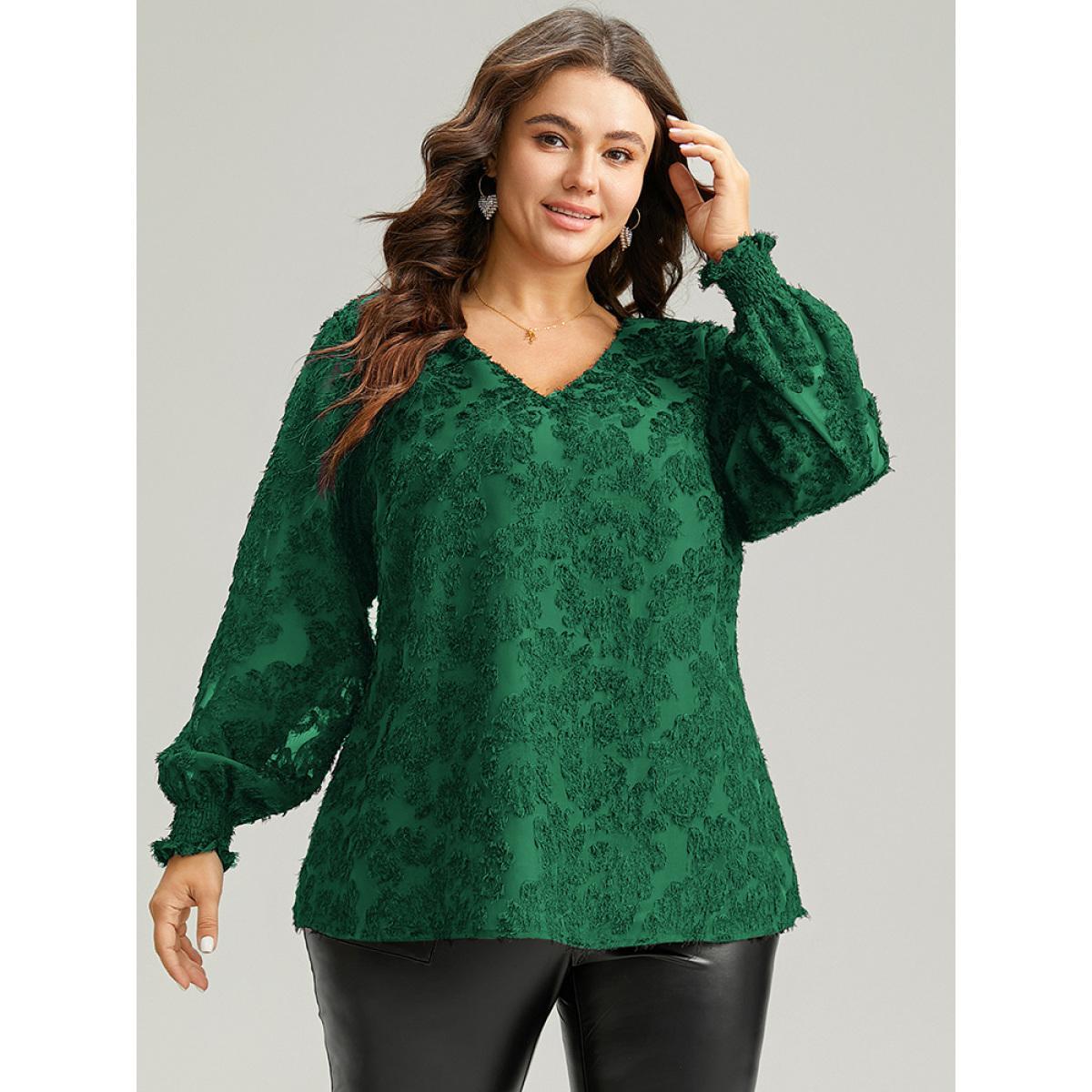 Plus Size DarkGreen Plain Appliques Mesh V Neck Shirred Blouse Women Glamour Long Sleeve V-neck Festival-Christmas Blouses BloomChic 28/5X Product Image