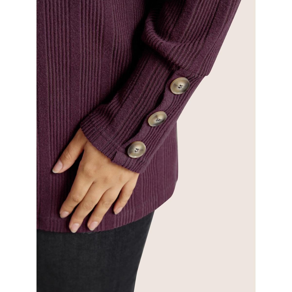 Plus Size Rib Knit V Neck Button Detail T-shirt Eggplant Women Casual Non Plain V-neck Everyday T-shirts BloomChic 28/5X Product Image