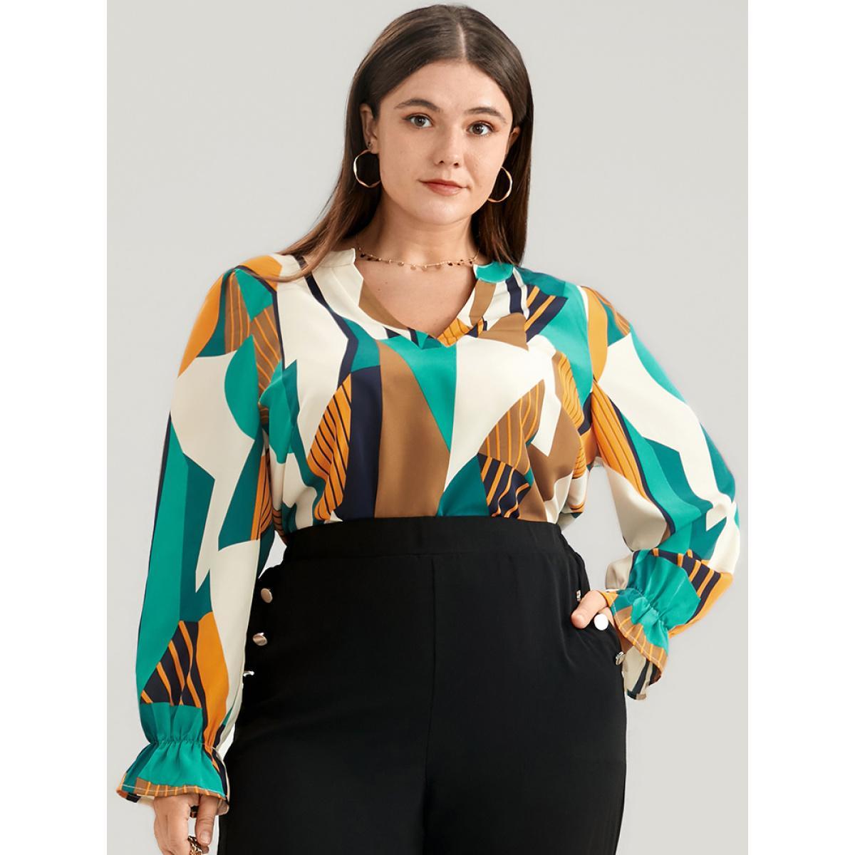 Plus Size Multicolor Geometric Print V Neck Blouse Women Office Long Sleeve V-neck Work Blouses BloomChic 22-24/3X Product Image