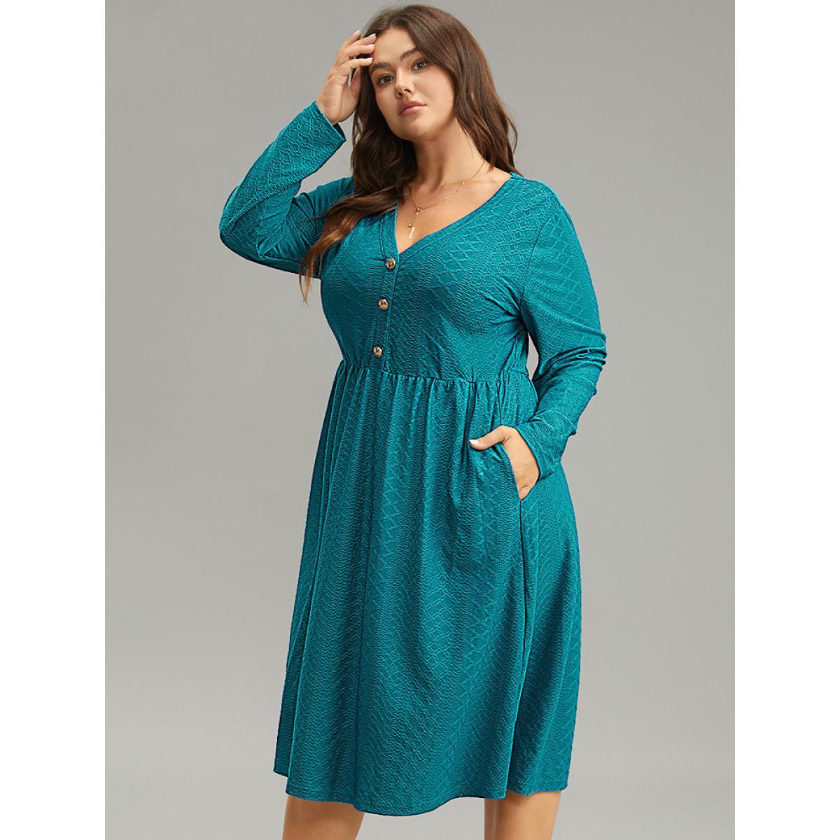 Plus Size Plain Textured Metal Detail V Neck Dress Cerulean Women Office Texture V-neck Long Sleeve Curvy Midi Dress BloomChic 12/L Product Image