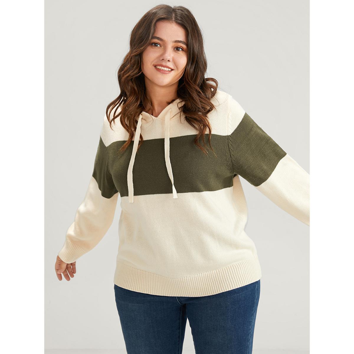 Plus Size Colorblock Contrast Pointelle Knit Drawstring Hooded Knit Top Apricot Women Casual Long Sleeve Hooded Dailywear Pullovers BloomChic 14-16/1X Product Image