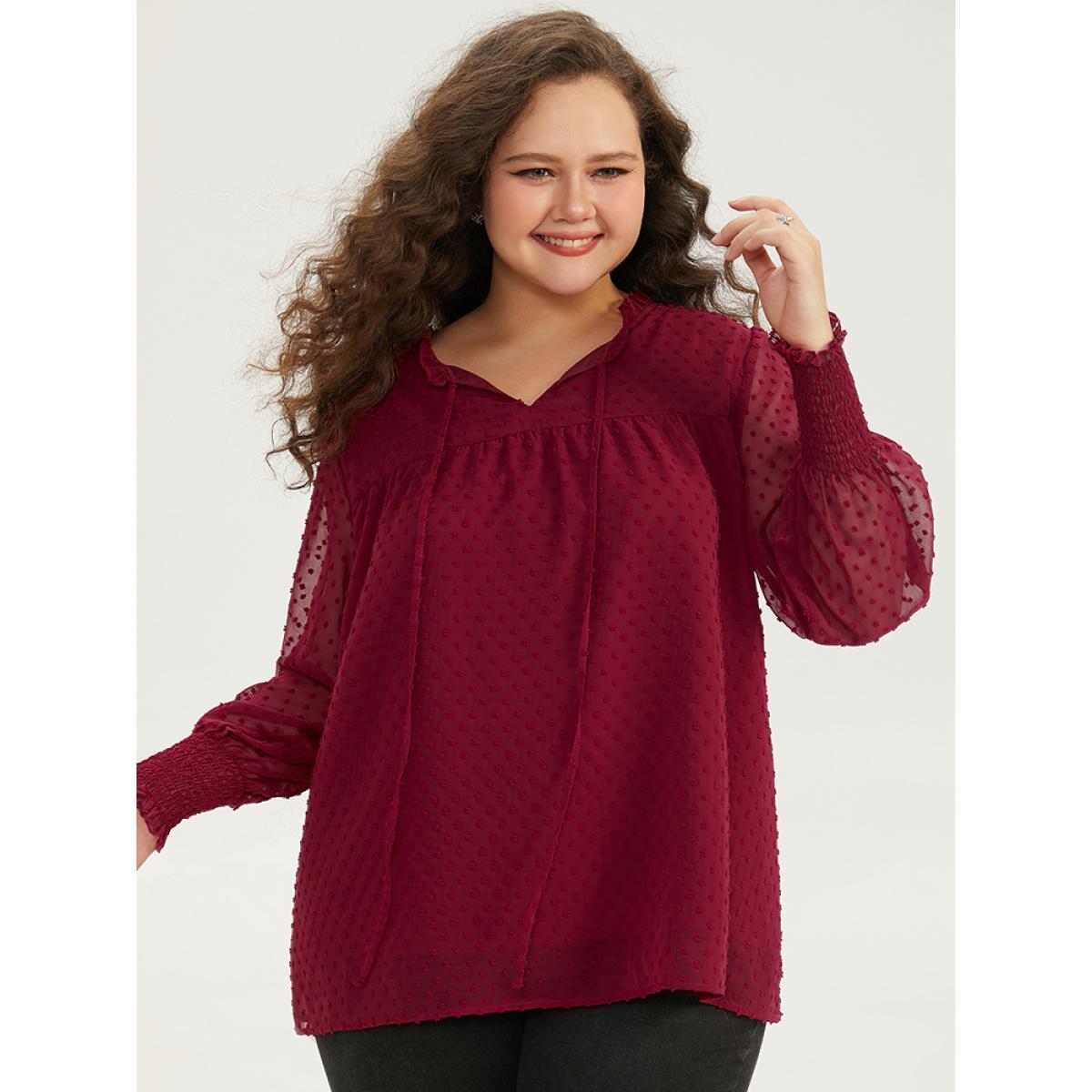Plus Size Scarlet Halloween Solid Tie Neck Shirred Blouse Women Elegant Long Sleeve Tie Neck Festival-Halloween Blouses BloomChic 14-16/1X Product Image