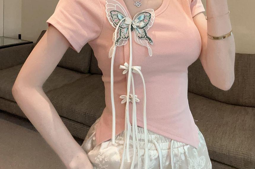 Short Sleeve Round Neck Butterfly Applique Crop Tee / Drawstring Waist Plain Wide Leg Pants Product Image