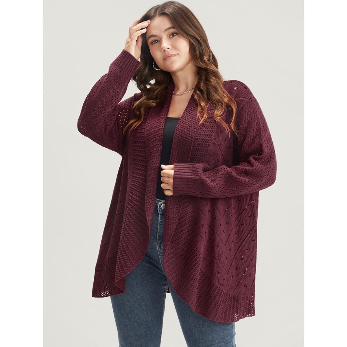 Plus Size Solid Pointelle Knit Lapel Collar Geometric Crochet Open Front Cardigan Burgundy Women Elegant Loose Long Sleeve Dailywear Cardigans BloomChic 18-20/2X Product Image