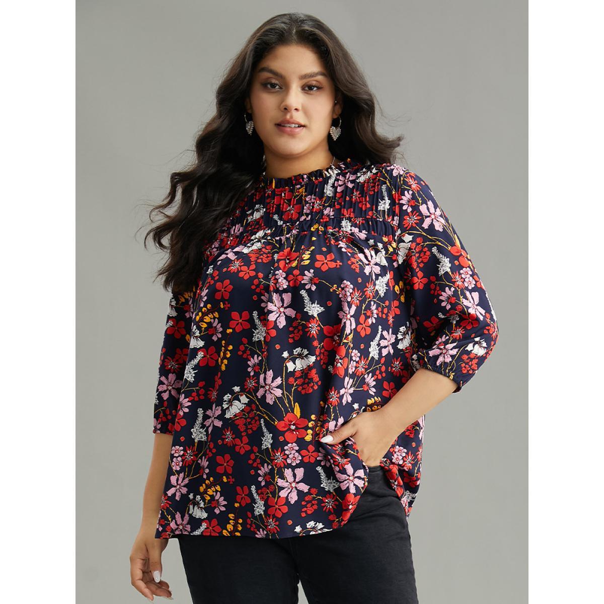 Plus Size Multicolor Floral Print Frill Trim Cut Out Blouse Women Elegant Elbow-length sleeve Round Neck Everyday Blouses BloomChic 22-24/3X Product Image