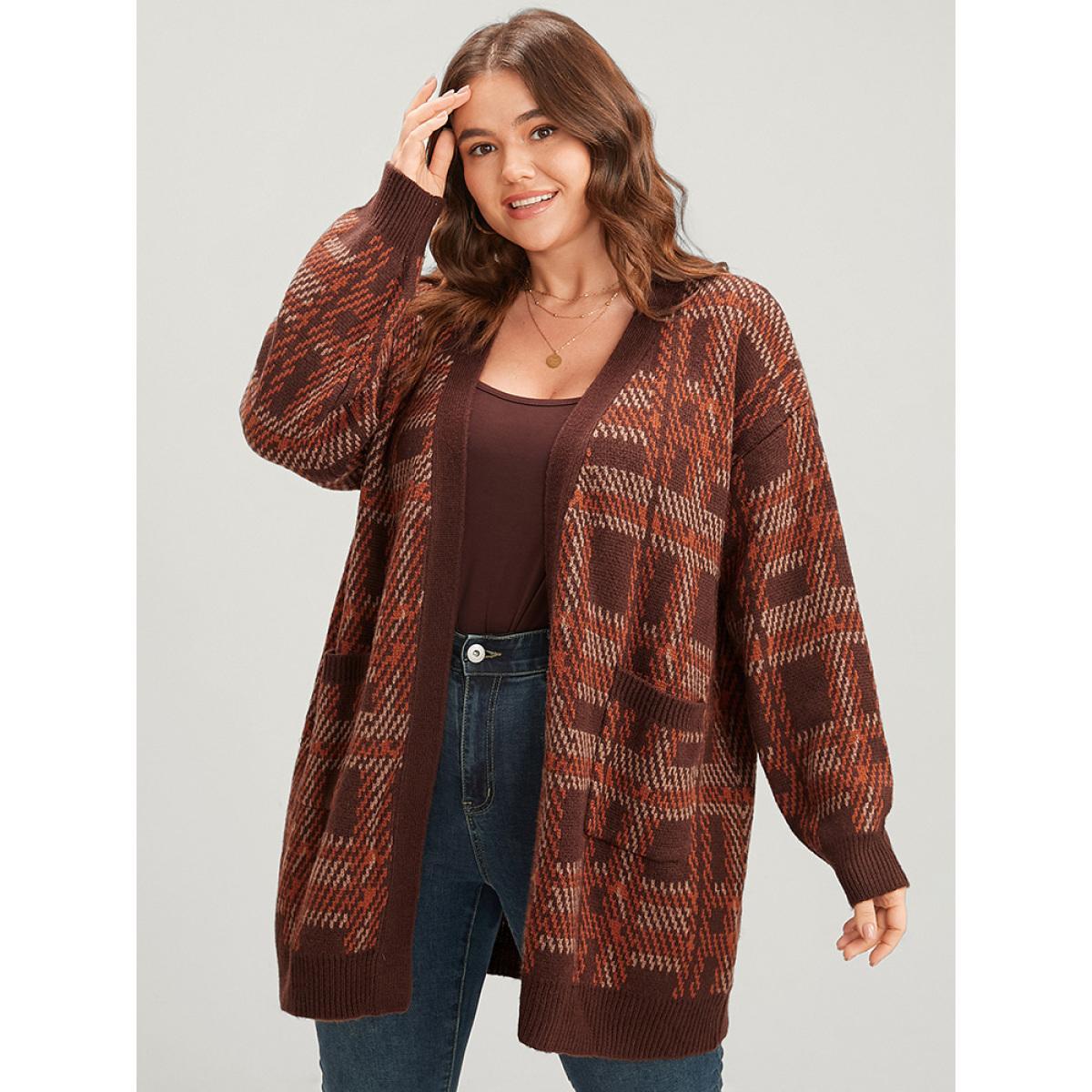 Plus Size Tartan Contrast Pointelle Knit Pocket Open Front Cardigan DarkBrown Women Casual Loose Long Sleeve Dailywear Cardigans BloomChic 28/5X Product Image