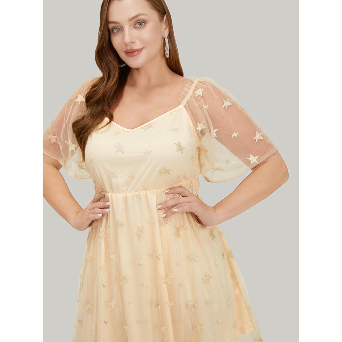 Plus Size Star Embroidered Mesh Ruffle Sleeve Frill Trim Dress Beige Women Glamour Lined V-neck Short sleeve Curvy Knee Dress BloomChic 14-16/1X Product Image