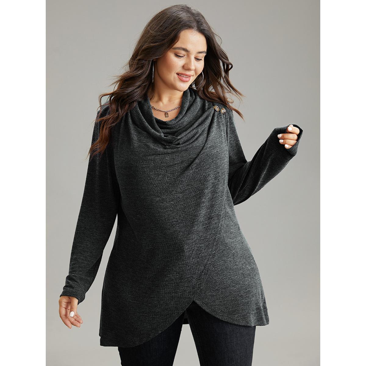 Plus Size Plain Heather Cowl Neck Button Detail Sweatshirt Women DarkGray Casual Overlapping Cowl Neck Everyday Sweatshirts BloomChic 12/L Product Image