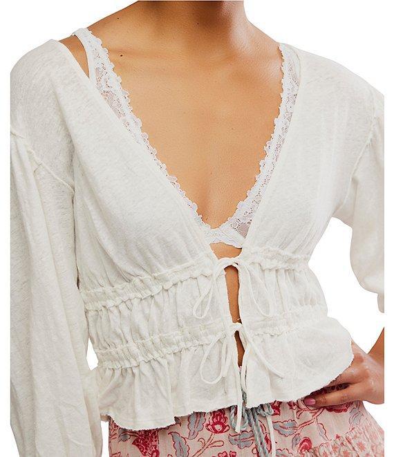Free People Let's Go Linen Blend Plunge V-Neck 3/4 Sleeve Tie-Front Top Product Image