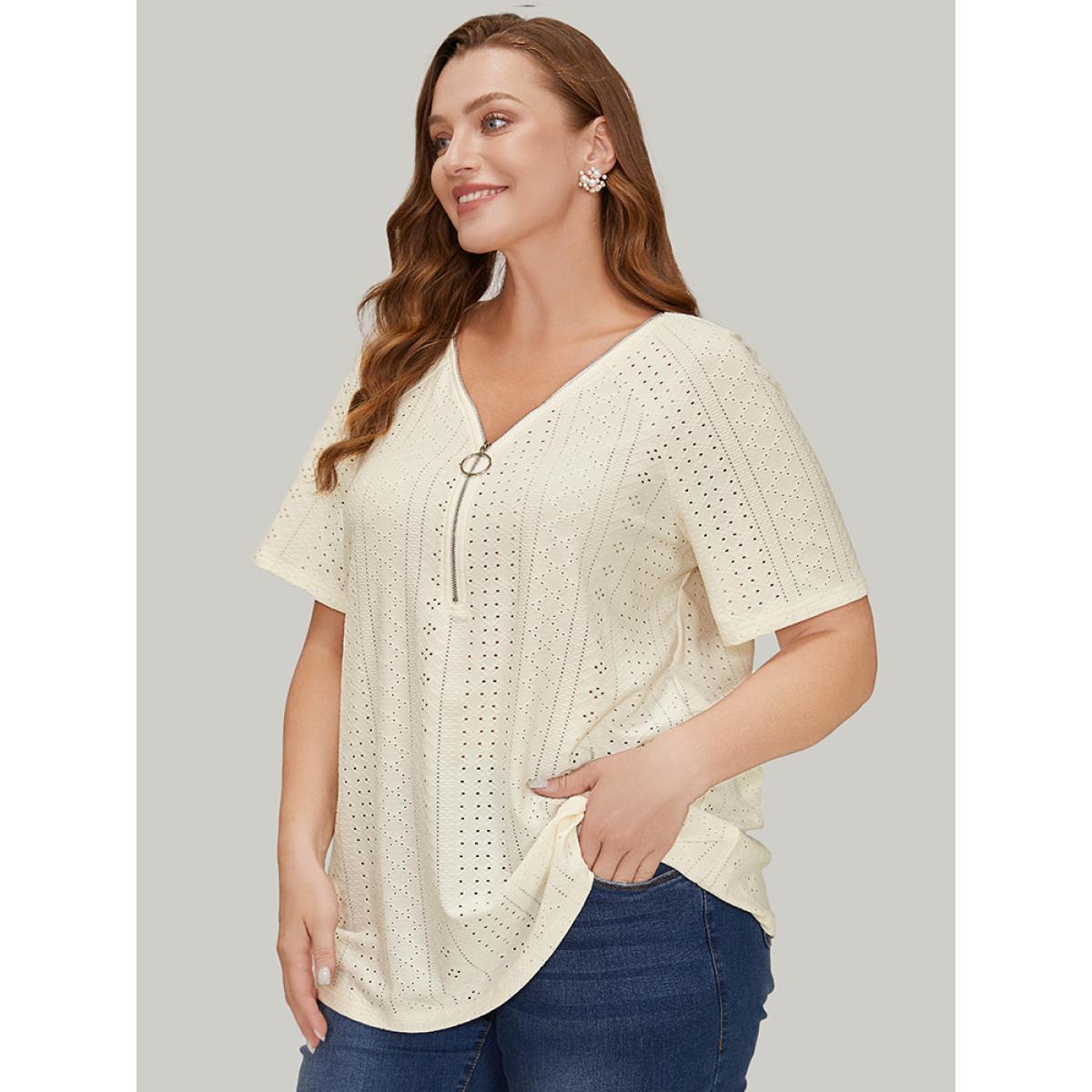 Plus Size Solid Half Zipper Broderie Anglaise T-shirt Ivory Women Elegant Zipper Plain V-neck Dailywear T-shirts BloomChic 22-24/3X Product Image