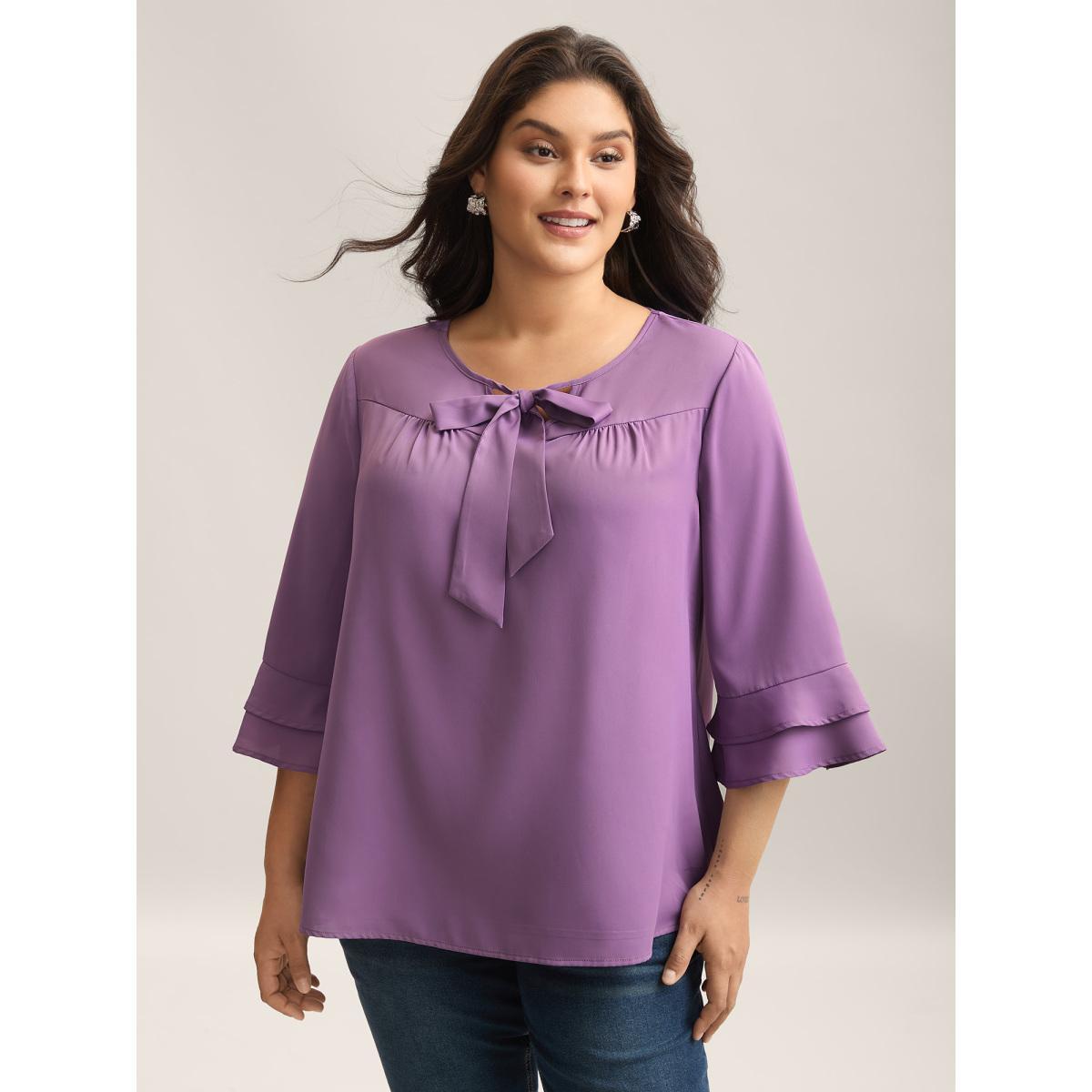 Plus Size Purple Solid Ribbon Tied Collar Bell Sleeve Blouse Women At the Office Elbow-length sleeve Ribbon-tied collar Work Blouses BloomChic 22-24/3X Product Image