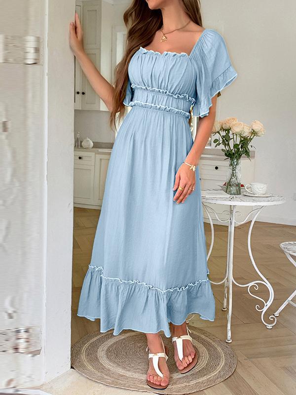A-Line High Waisted Pleated Ruffle Trim Split-Joint Zipper Square-Neck Midi Dresses Product Image
