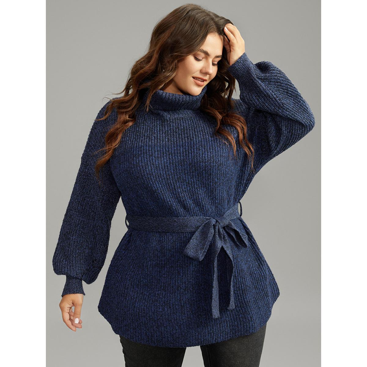 Plus Size Turtle Neck Belted Drop Shoulder Pullover Navy Women Casual Loose Long Sleeve Lapel Collar Dailywear Pullovers BloomChic 12/L Product Image