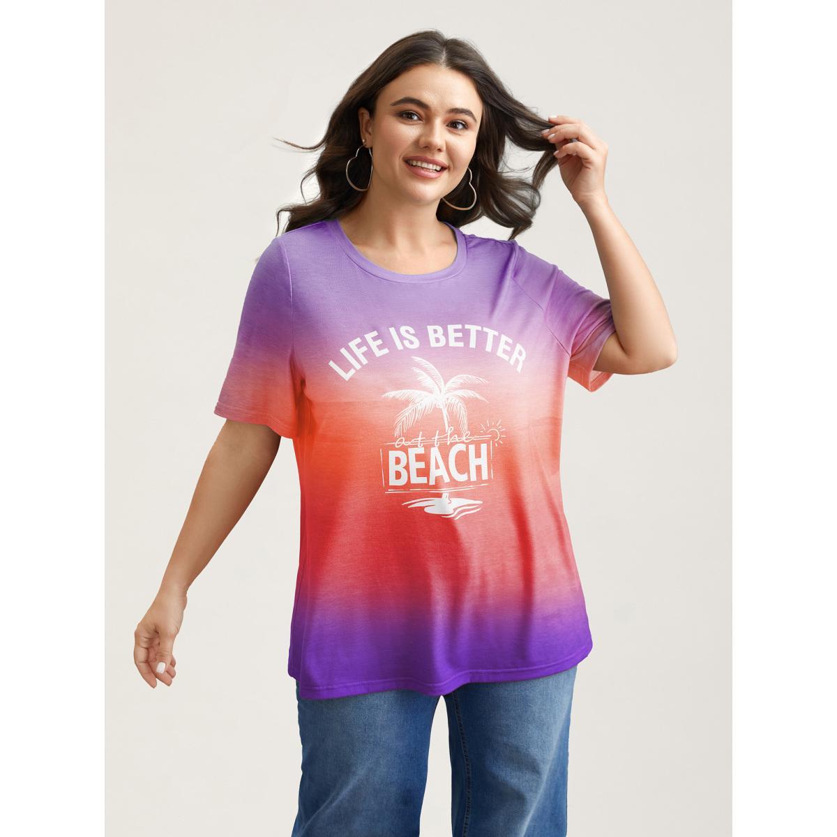 Plus Size Gradient Beach Print Fitted T-Shirt Eggplant Women Casual Contrast Tropical Round Neck Everyday T-shirts BloomChic 18-20/2X Product Image