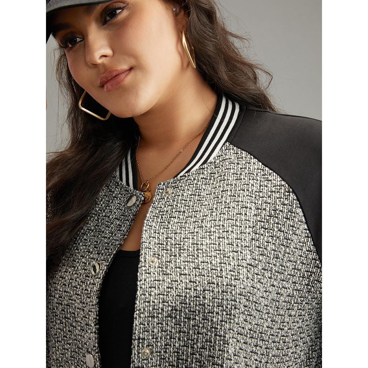 Plus Size Texture Patchwork Contrast Striped Button Up Jacket Women Black Elastic cuffs Pocket Everyday Jackets BloomChic 30/6X Product Image