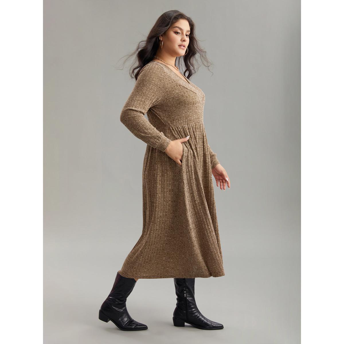 Plus Size Rib Knit Plain Plisse Long Sleeve Dress Yellowishbrown Women Casual Rib Knit V-neck Long Sleeve Curvy Midi Dress BloomChic 28/5X Product Image