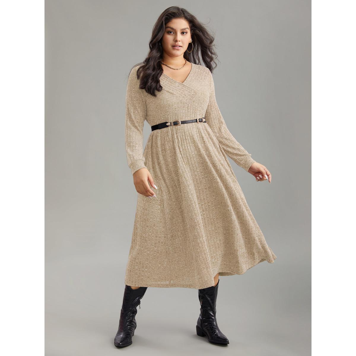 Plus Size Rib Knit Plain Plisse Long Sleeve Dress Beige Women Casual Rib Knit V-neck Long Sleeve Curvy Midi Dress BloomChic 18-20/2X Product Image